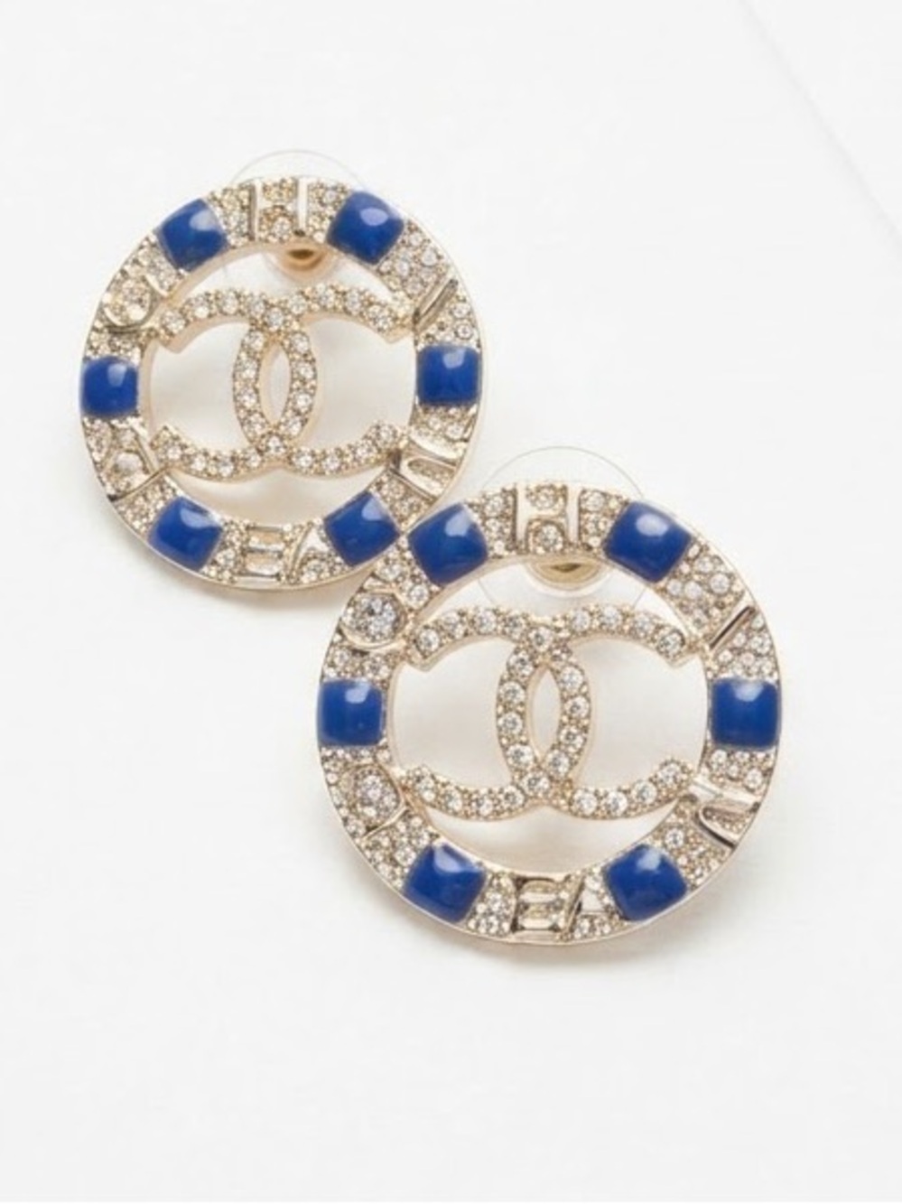 Gold-Tone Round Stud Earrings with Blue Accents & Letter C